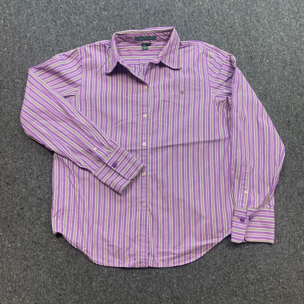 Lauren Ralph Lauren Striped Button Down Sz S Womens Purple Preppy RLL Monogram